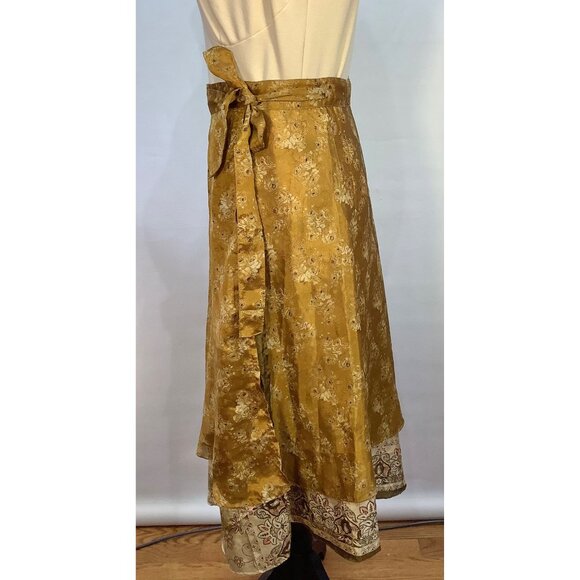 Kariza One Size Gold Floral Wrap Midi Skirt Silk Rayon Blend Cottage Core - Picture 3 of 5